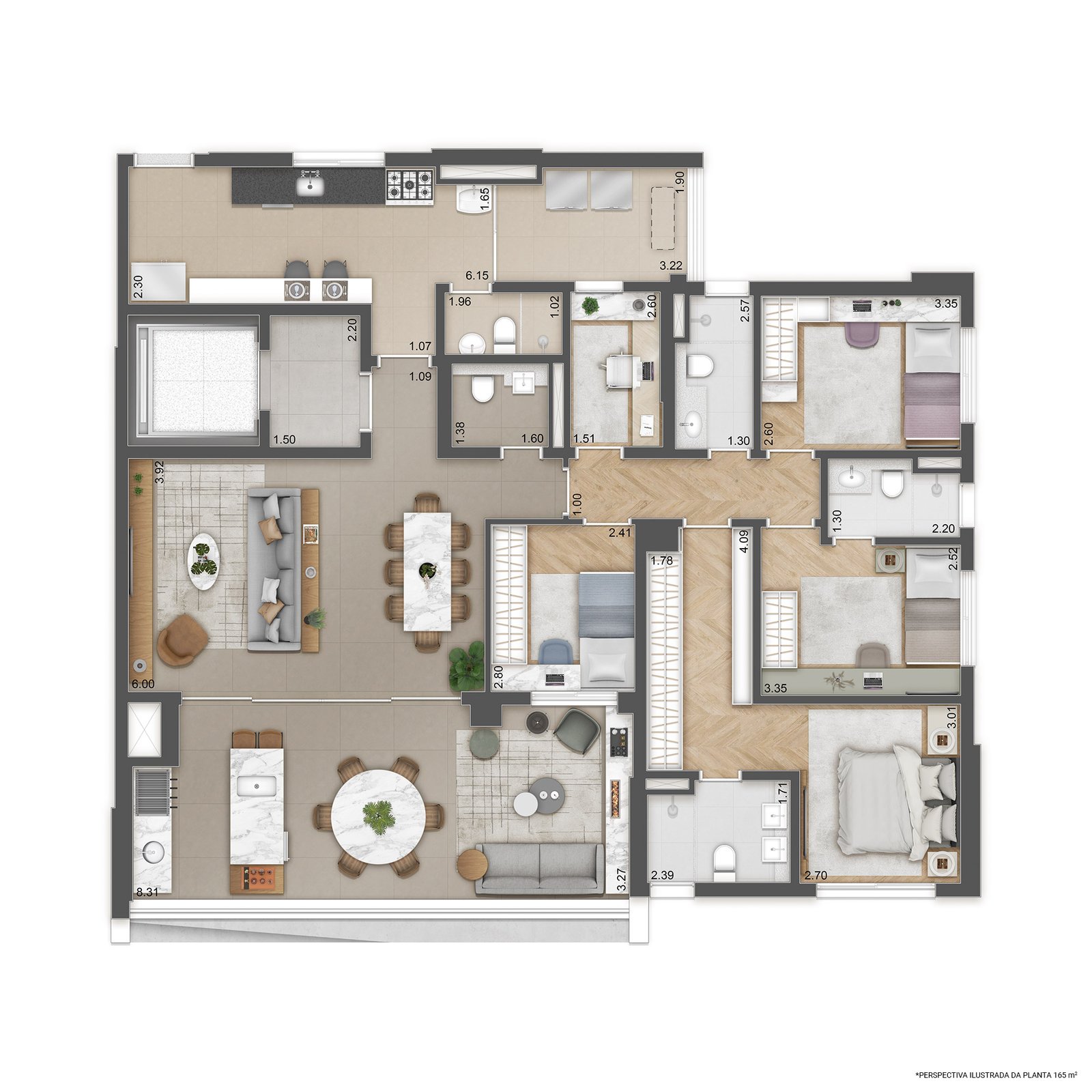 Planta 165 M² – Living Ampliado – 3 Suítes