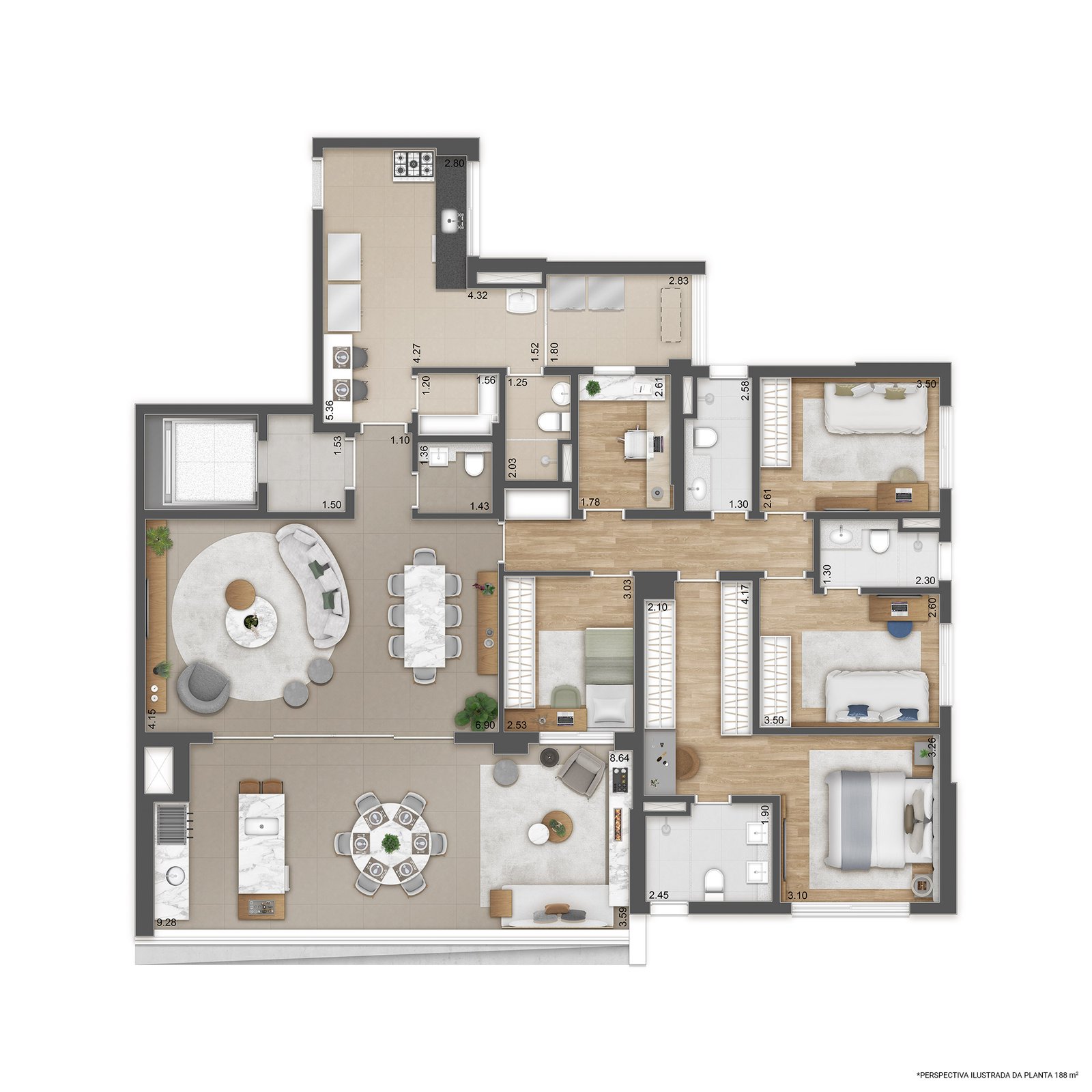 Planta 188 M² – Living Ampliado – 3 Suítes