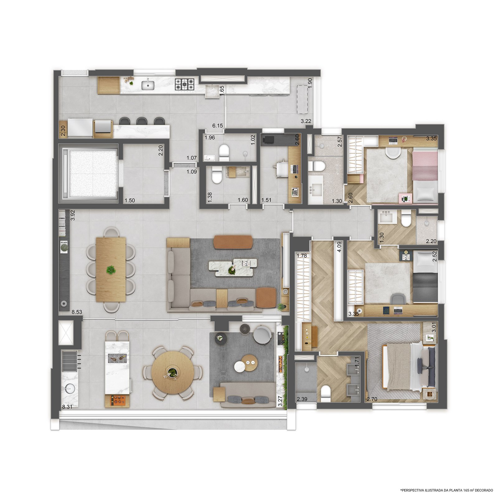 Planta Decorado 165 M² – Living Ampliado – 3 Suítes