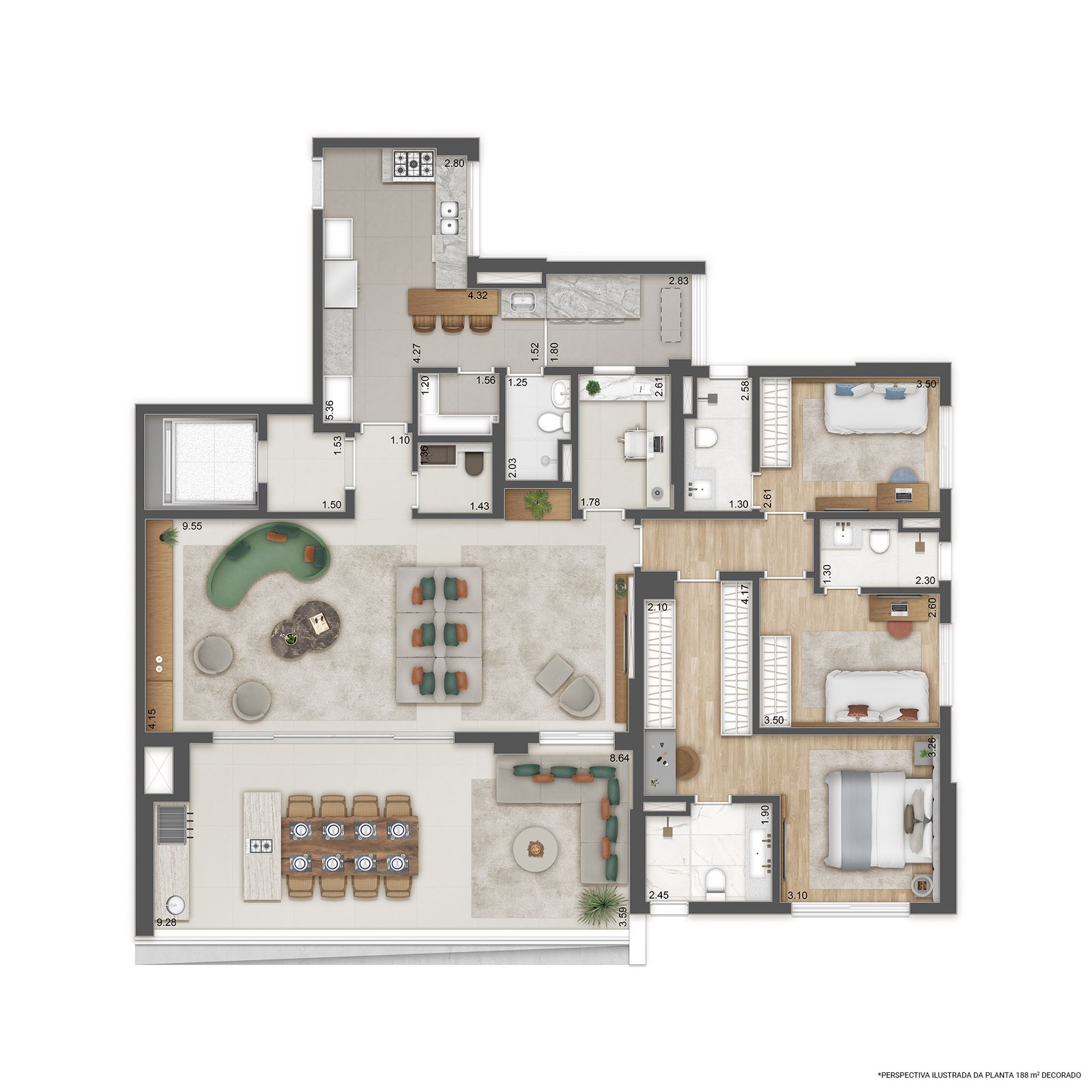 Planta Decorado 188 M² – Living Ampliado – 3 Suítes